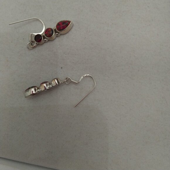 New 1 Inch Dangle Garnet and Fire Opal 925 Sterling Silver Earrings - Picture 5 of 5